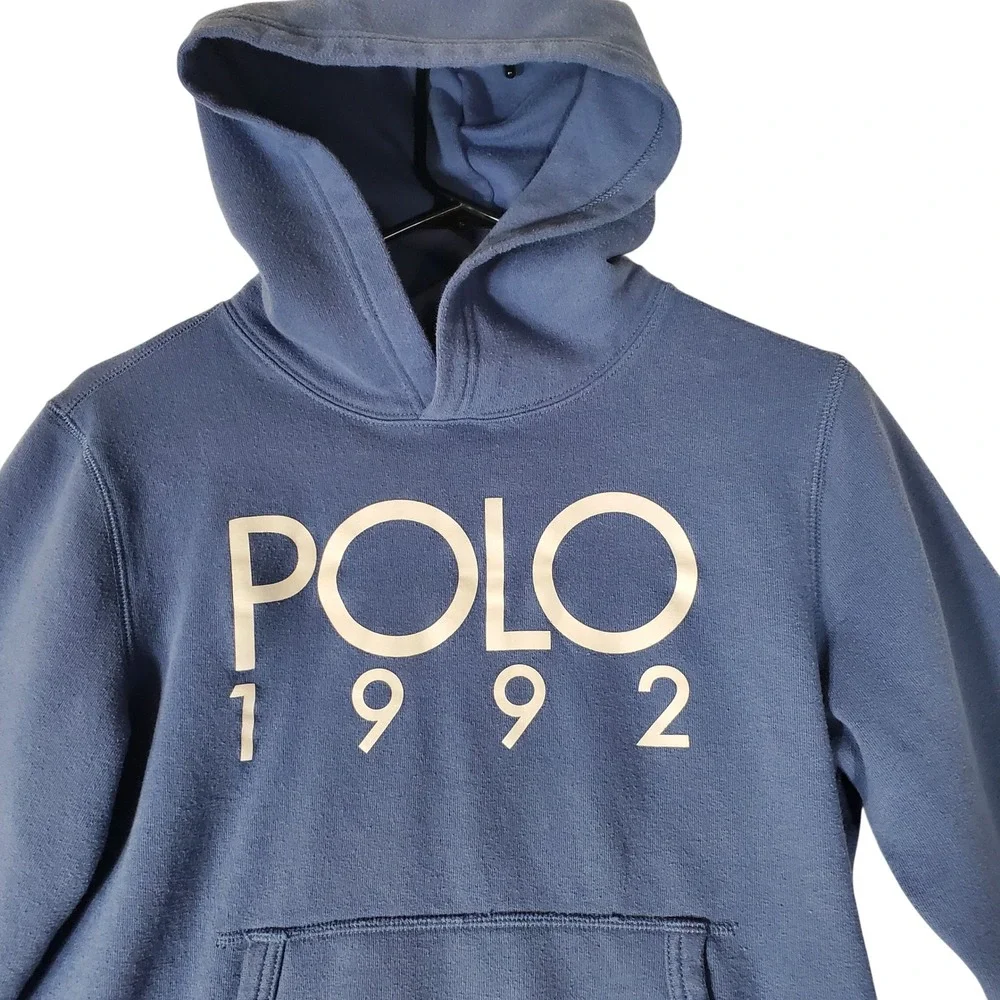 Polo Ralph Lauren 1992 Graphic Hoodie Boys L 14-16 Blue Pullover Sweatshirt